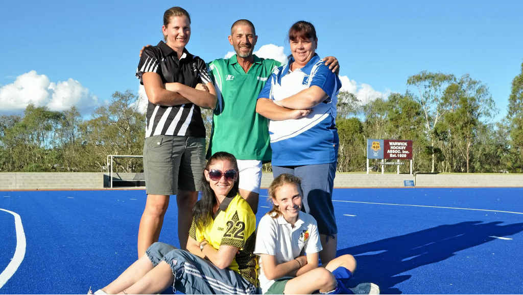 Angela Groves (Harlequins side), Don Campbell (Wyverns), Kerri Fitch (Saints), (front) Tamara Hawks (Corinthians) and Philippa Hooker (Scots PGC) are excited to play on their new hockey surface. Angela Groves (Harlequins side), Don Campbell (Wyverns), Kerri Fitch (Saints), (front) Tamara Hawks (Corinthians) and Philippa Hooker (Scots PGC) are excited to play on their new hockey surface.